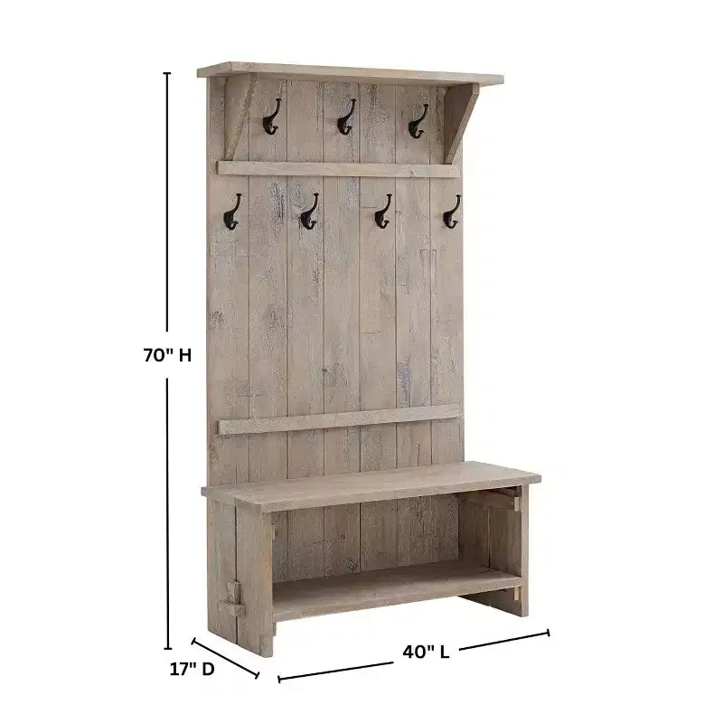 Albero appendiabiti da ingresso in legno di mango da 70 pollici con 7 ganci, finitura Driftwood