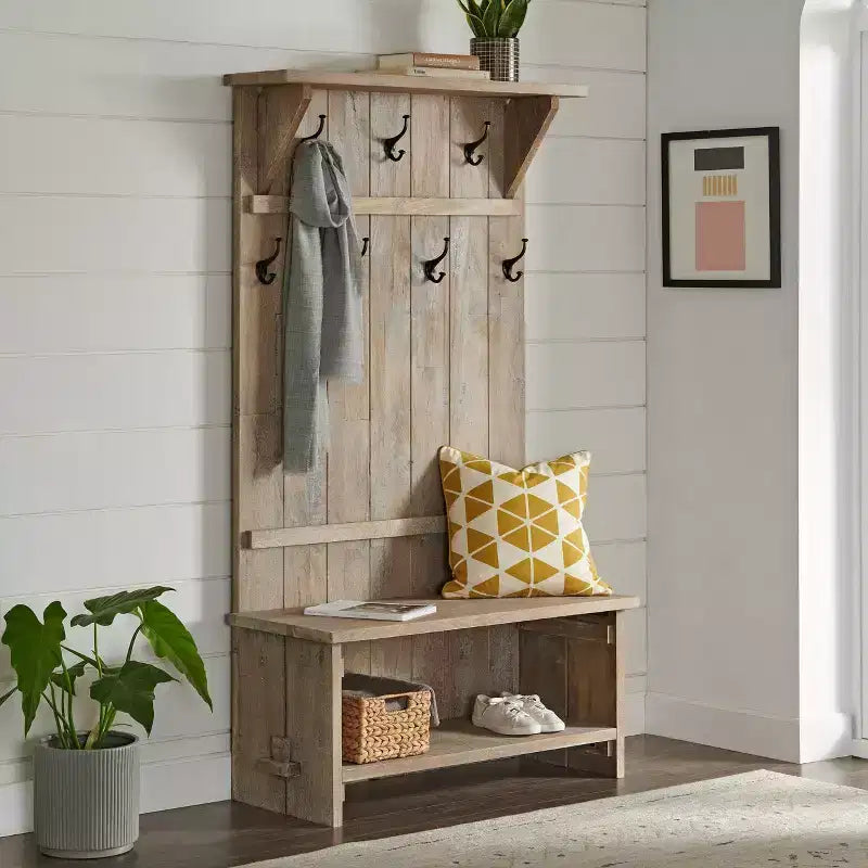 Albero appendiabiti da ingresso in legno di mango da 70 pollici con 7 ganci, finitura Driftwood